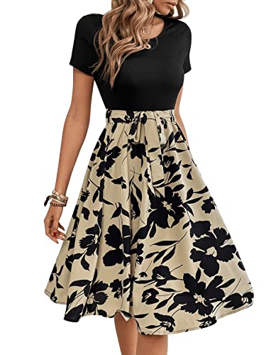 GORGLITTER Damen A Linie Kleid Geblümt Kurzkleid Knielang 2-in-one Freizeitkleid Sommer Faltenkleid Hohe Taille Kleider mit Gürtel Khaki und Schwarz L von GORGLITTER