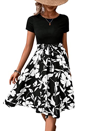 GORGLITTER Damen A Linie Kleid Geblümt Kurzkleid Knielang 2-in-one Freizeitkleid Sommer Faltenkleid Hohe Taille Kleider mit Gürtel Schwarz und Weiß M von GORGLITTER