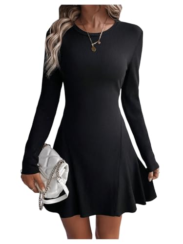 GORGLITTER Damen A-Linie Kleider Elegant Skaterkleid Rippenstrick Freizeitkleid Kurz Cocktailkleid Langarmkleid Schwarz L von GORGLITTER