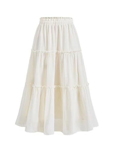 GORGLITTER Damen A-Linie Maxirock Elegant Hohe Taille Röcke Freizeitrock Casual Sommer Elastische Taille Maxirock Strandrock Faltenrock Beige S von GORGLITTER
