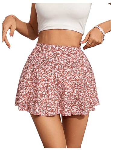 GORGLITTER Damen A Linie Minirock Boho Rock Geblümt Sommerrock Rockabilly Kurze Röcke Strandrock Casual Shortrock mit Rüschensaum Rosa M von GORGLITTER