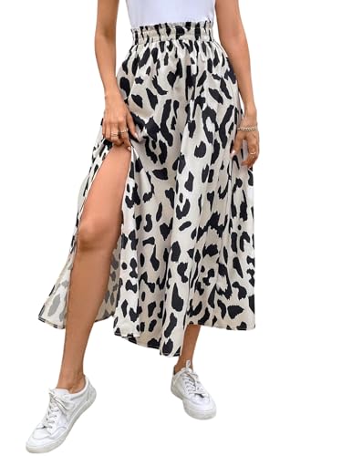 GORGLITTER Damen A-Linie Rock Elegant Elastische Taille Midirock mit Leopardenmuster Leicht Röcke Mit Schlitz A Linie Freizeitrock Lang Leorock Khaki L von GORGLITTER