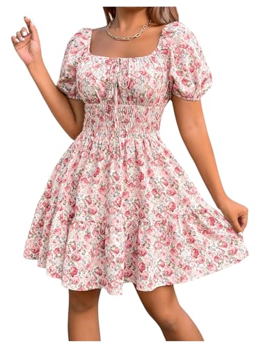 GORGLITTER Damen A Linie Sommerkleid U-Ausschnitt Skaterkleid Rüschensaum Blumenkleid Print Urlaubkleid Kurzkleid mit Puffärmel Rosa S von GORGLITTER