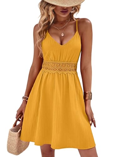 GORGLITTER Damen A-Linie Sommerkleid V-Ausschnitt Skaterkleid Elegant Freizeitkleid Ärmellos Shortkleid mit Spitzen Gelb M von GORGLITTER