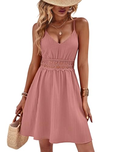 GORGLITTER Damen A-Linie Sommerkleid V-Ausschnitt Skaterkleid Elegant Freizeitkleid Ärmellos Shortkleid mit Spitzen Rosa M von GORGLITTER