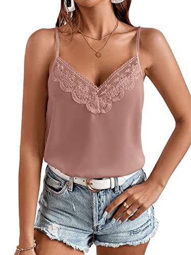 GORGLITTER Damen Ärmellos Blusen Spaghettiträger Oberteile Casual Top Chiffonbluse mit Spitzen Grau-Rosa L von GORGLITTER