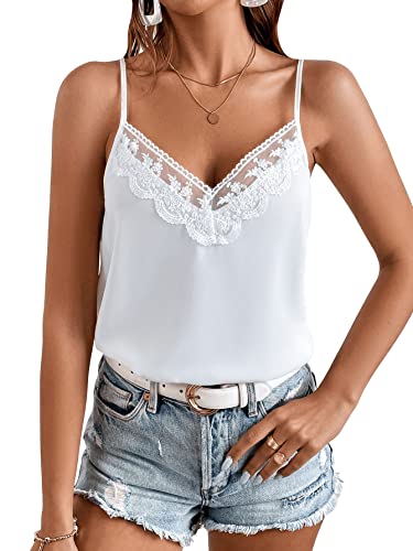 GORGLITTER Damen Ärmellos Blusen Spaghettiträger Oberteile Casual Top Chiffonbluse mit Spitzen Weiß L von GORGLITTER