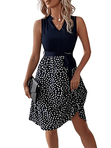 GORGLITTER Damen Ärmellos Freizeitkleid A-Linie Knielang Sommerkleid Dalmatiner Muster Midikleid mit Gürtel Marineblau L von GORGLITTER