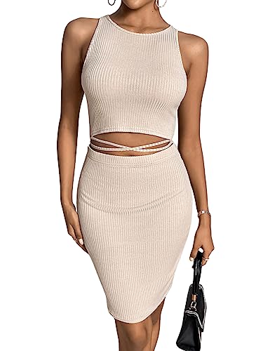 GORGLITTER Damen Ärmellos Kleid Figurbetont Minikleid Cut Outs Bleistiftkleid Bodycon Freizeitkleid mit Schnürung Aprikosenfarben M von GORGLITTER