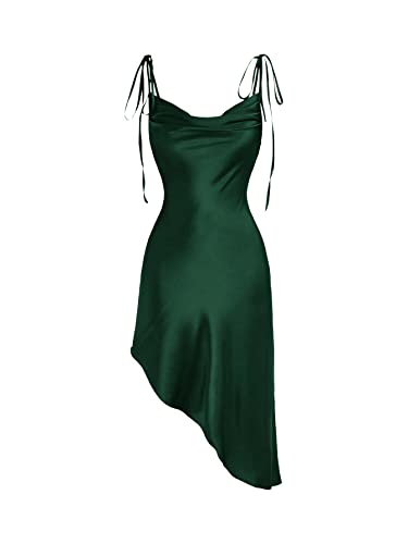 GORGLITTER Damen Ärmellos Midikleid Rückenfrei Partykleid Asymmetrisch Spaghettiträger Stretchy Kleider mit Knoten Dunkelgrün L von GORGLITTER