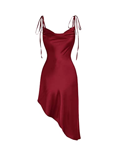 GORGLITTER Damen Ärmellos Midikleid Rückenfrei Partykleid Asymmetrisch Spaghettiträger Stretchy Kleider mit Knoten Rot M von GORGLITTER