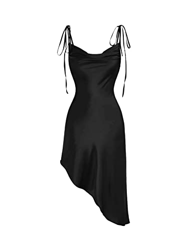 GORGLITTER Damen Ärmellos Midikleid Rückenfrei Partykleid Asymmetrisch Spaghettiträger Stretchy Kleider mit Knoten Schwarz M von GORGLITTER