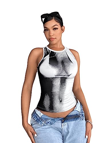 GORGLITTER Damen Ärmellos Top Farbblock Tanktop Trägershirt Slim Oberteil Y2k Tank Top Figurmuster Schwarz und Weiß XS von GORGLITTER