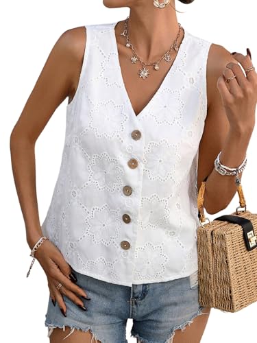 GORGLITTER Damen Ärmellos Weste Lässig Strickjacke Mit V Ausschnitt Damenwesten Mit Blumenmuster Kurz Pullunder Mit Knöpfe Vorn Dünne Casual Cardigan Weiß M von GORGLITTER