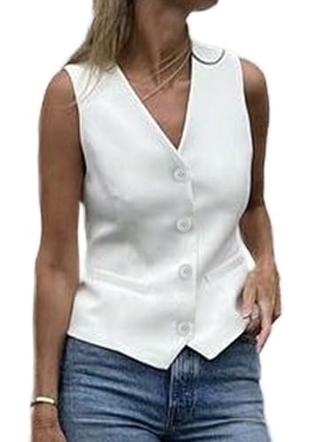 GORGLITTER Damen Ärmellos Westen Elegant Vintage Anzugweste V-Ausschnitt Jacke Kurze Weste Knopfleiste Business Outfit Oberteil Weiß XL von GORGLITTER