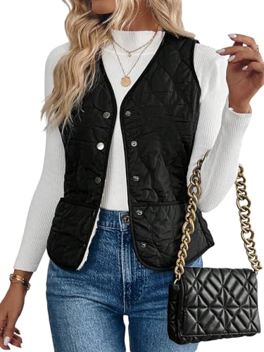 GORGLITTER Damen Ärmellos Winterjacke Steppweste Kurz mit Knöpfen Gefüttert Damenweste Winter Warm Westen Übergangsjacke Weste Schwarz M von GORGLITTER