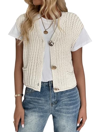 GORGLITTER Damen Ärmellose Strickweste Leichter Strickjacke Pullover mit V-Ausschnitt Gehäkelt Weste Crop Oberteile Herbst Casualtop Aprikosenfarben L von GORGLITTER