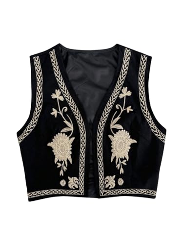 GORGLITTER Damen Ärmellose Weste mit Stickerei Kurze Weste Tops Vintage Jacke Weste Ärmellose Jacke Schwarz L von GORGLITTER