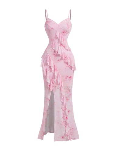 GORGLITTER Damen Ärmelloses Kleid Lang Spaghettiträger Bleistiftkleid Figurbetont Maxikleid Freizeitkleid Partykleid Trägerkleid mit Schlitz Rosa L von GORGLITTER