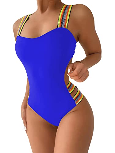 GORGLITTER Damen Badeanzug Cut-Out One Piece Swimwear Bügellos Gestreift Träger Einteilige Bademode mit Band Königsblau M von GORGLITTER