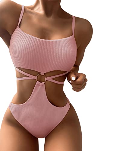 GORGLITTER Damen Badeanzug Cut-Out One Piece Swimwear Bügellos Spaghettiträger Einteilige Bademode mit Ring Korallenrosa L von GORGLITTER