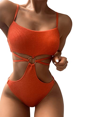 GORGLITTER Damen Badeanzug Cut-Out One Piece Swimwear Bügellos Spaghettiträger Einteilige Bademode mit Ring Orange gebrannt L von GORGLITTER