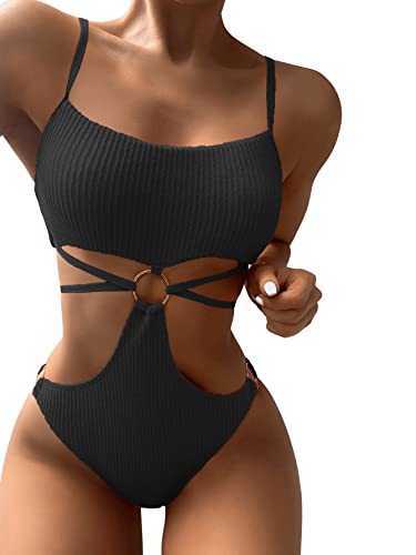 GORGLITTER Damen Badeanzug Cut-Out One Piece Swimwear Bügellos Spaghettiträger Einteilige Bademode mit Ring Schwarz L von GORGLITTER