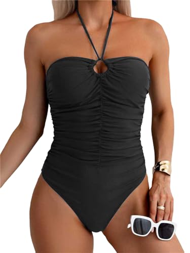 GORGLITTER Damen Badeanzug Einteiler Bandeau Strandmode Trägerlos Bademode One Piece Swimsuit Sommermode Strandanzug mit Ziehbändchen Schwarz L von GORGLITTER