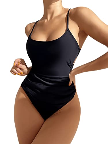 GORGLITTER Damen Badeanzug Kreuzgurt One Piece Swimanzug Swimwear Bügellos Spaghettiträger Einteilige Bademode mit Schnürung Schwarz L von GORGLITTER