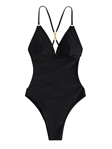 GORGLITTER Damen Badeanzug Kreuzgurt One Piece Swimanzug Swimwear Bügellos Spaghettiträger Rückenfrei Einteilige Bademode Schwarz L von GORGLITTER