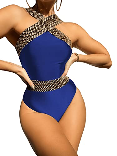 GORGLITTER Damen Badeanzug Kreuzgurt One Piece Swimwear Bügellos Einteilige Bademode mit Kontrastsaum Königsblau L von GORGLITTER