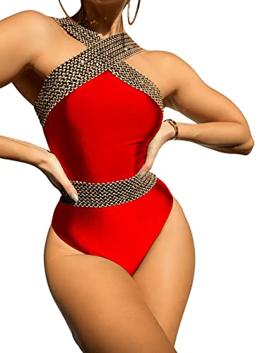 GORGLITTER Damen Badeanzug Kreuzgurt One Piece Swimwear Bügellos Einteilige Bademode mit Kontrastsaum Rot L von GORGLITTER