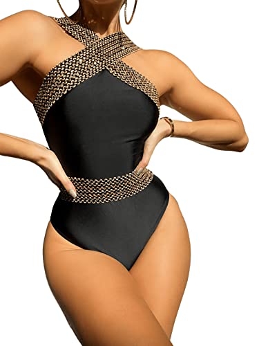 GORGLITTER Damen Badeanzug Kreuzgurt One Piece Swimwear Bügellos Einteilige Bademode mit Kontrastsaum Schwarz L von GORGLITTER