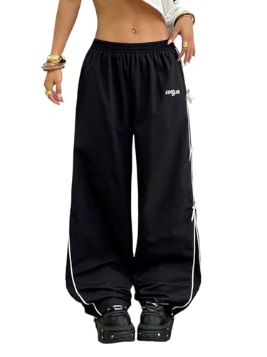 GORGLITTER Damen Baggy Cargohose mit Schleife Sporthose Hip Hop Freizeithose mit Gummizug Jogginghose Weites Bein Lange Hosen Herbst Schwarz S von GORGLITTER