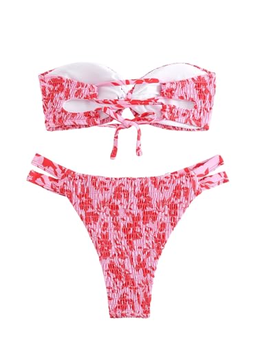 GORGLITTER Damen Bandeau Bikini Sets Trägerloses Bikinioberteil High Waist Tanga 2 Piece Strandmode Zweiteiliger Swimsuits Bikinis mit Blumendruck Rosa L von GORGLITTER