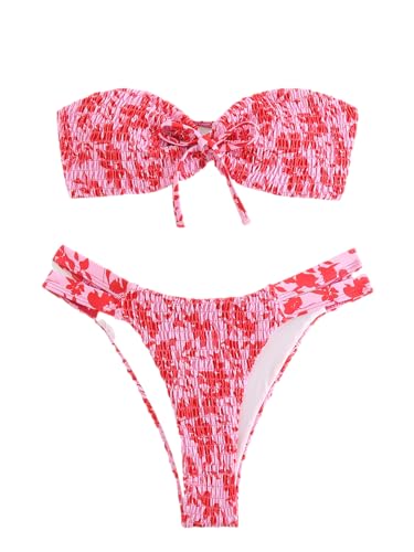 GORGLITTER Damen Bandeau Bikini Sets Trägerloses Bikinioberteil High Waist Tanga 2 Piece Strandmode Zweiteiliger Swimsuits Bikinis mit Blumendruck Rosa XS von GORGLITTER