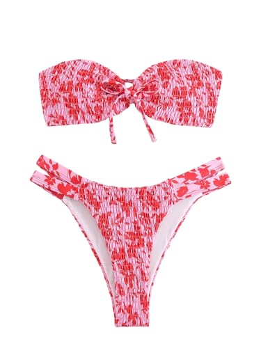 GORGLITTER Damen Bandeau Bikini Sets Trägerloses Bikinioberteil High Waist Tanga 2 Piece Strandmode Zweiteiliger Swimsuits Bikinis mit Blumendruck Rosa XXS von GORGLITTER