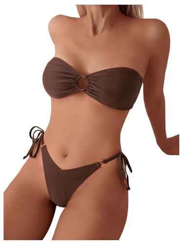 GORGLITTER Damen Bandeau Bikini Sets Trägerloses Bikinioberteil Tanga High Waist 2 Piece Strandmode Zweiteiliger Swimsuits Bikinis mit Ring Kaffeebraun XS von GORGLITTER