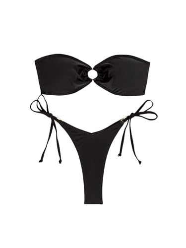 GORGLITTER Damen Bandeau Bikini Sets Trägerloses Bikinioberteil Tanga High Waist 2 Piece Strandmode Zweiteiliger Swimsuits Bikinis mit Ring Schwarz M von GORGLITTER