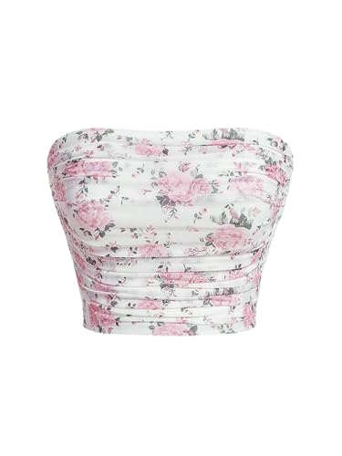GORGLITTER Damen Bandeau Top Blumenmuster Sommertop Ärmellose Oberteile Schulterfreie Freizeittop Elegant Tube Tops Gerafftes Partytop Bauchfreies Casualtop Weiß M von GORGLITTER