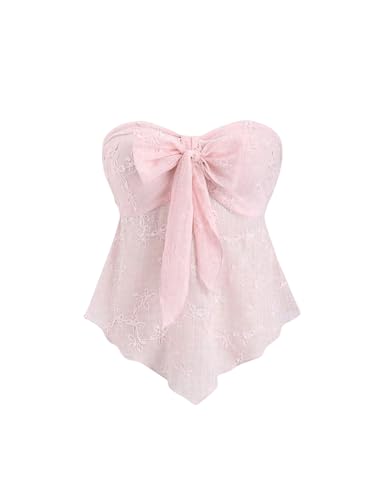 GORGLITTER Damen Bandeau-Top Sommer Florales strukturiertes Top mit Knoten Freizeittops Asymmetrisch Trägerloses Urlaubtop Ärmellos Crop-Top Rosa L von GORGLITTER