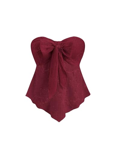 GORGLITTER Damen Bandeau-Top Sommer Florales strukturiertes Top mit Knoten Freizeittops Asymmetrisch Trägerloses Urlaubtop Ärmellos Crop-Top Rot M GORGLITTER Damen Bandeau-Top Sommer Florales strukturiertes Top mit Knoten Freizeittops Asymmetrisch Trägerloses Urlaubtop Ärmellos Crop-Top Rot M von GORGLITTER