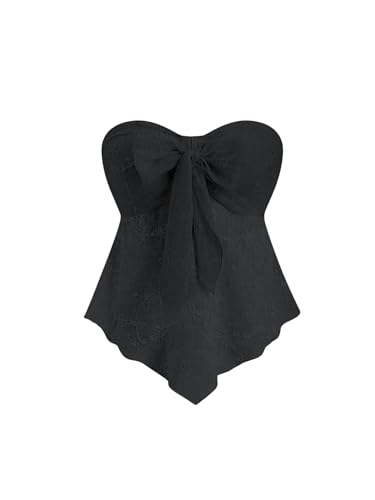 GORGLITTER Damen Bandeau-Top Sommer Florales strukturiertes Top mit Knoten Freizeittops Asymmetrisch Trägerloses Urlaubtop Ärmellos Crop-Top Schwarz L GORGLITTER Damen Bandeau-Top Sommer Florales strukturiertes Top mit Knoten Freizeittops Asymmetrisch Trägerloses Urlaubtop Ärmellos Crop-Top Schwarz L von GORGLITTER