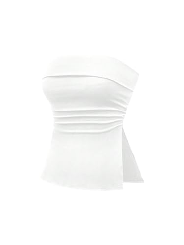 GORGLITTER Damen Bandeau Top Trägerloses Sommertop Ärmellose Oberteile mit Schlitz Schulterfreie Tube Tops Gerafft Rückenfreies Partytop Weiß XXS von GORGLITTER
