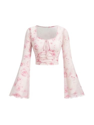 GORGLITTER Damen Batik Crop Top Bauchfrei Oberteile Langarm T-Shirt Mesh Langarmshirt mit Ausgestellter Ärmel Hell-Pink M von GORGLITTER