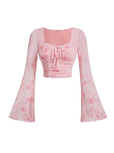 GORGLITTER Damen Batik Crop Top Bauchfrei Oberteile Langarm T-Shirt Mesh Langarmshirt mit Ausgestellter Ärmel Rosa S von GORGLITTER