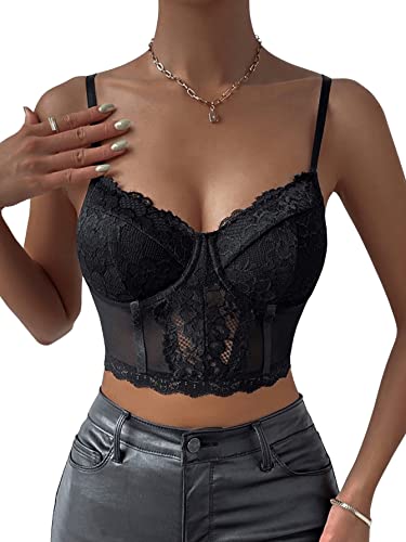 GORGLITTER Damen Bauchfrei Camilose Top Spitze-Mesh Cami Crop Tops Spitzentop Bralettes Spaghettiträger Cropped Oberteil Schwarz XS von GORGLITTER