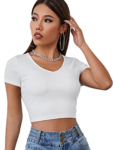 GORGLITTER Damen Bauchfrei Tops Crop Oberteil Kurz T-Shirt Bauchfreies Oberteile Kurzarmshirt mit V-Ausschnitt Weiß XS von GORGLITTER