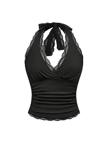 GORGLITTER Damen Bauchfrei Crop Top Neckholder Oberteil mit Kontrast Spitze Sommertop Ärmllos Casualtop Rückenfrei Halter Tops Partytops Schwarz XL von GORGLITTER