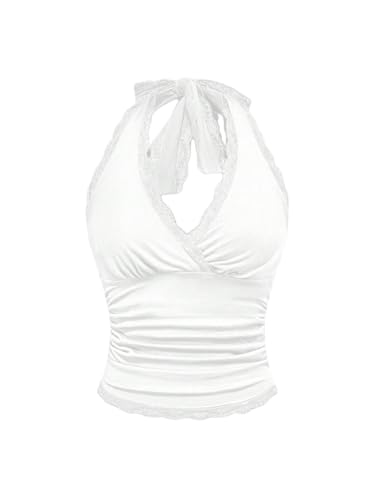 GORGLITTER Damen Bauchfrei Crop Top Neckholder Oberteil mit Kontrast Spitze Sommertop Ärmllos Casualtop Rückenfrei Halter Tops Partytops Weiß M von GORGLITTER